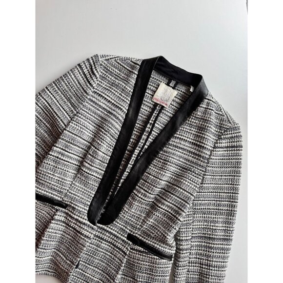REBECCA TAYLOR Grey Striped Cotton Tweed Leather Trim Peplum Blazer, Size 6 - Picture 6 of 16